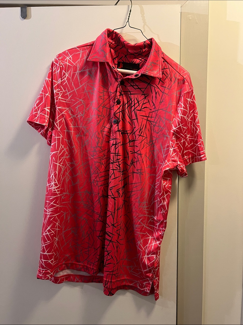 Jamie Sadock Red Short-Sleeve Polo with Abstract Line Print